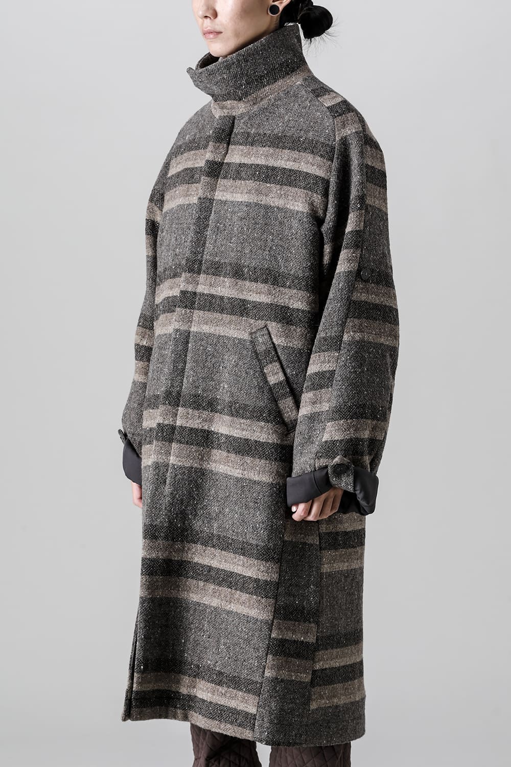 ハイネック コート ストライプ ウール