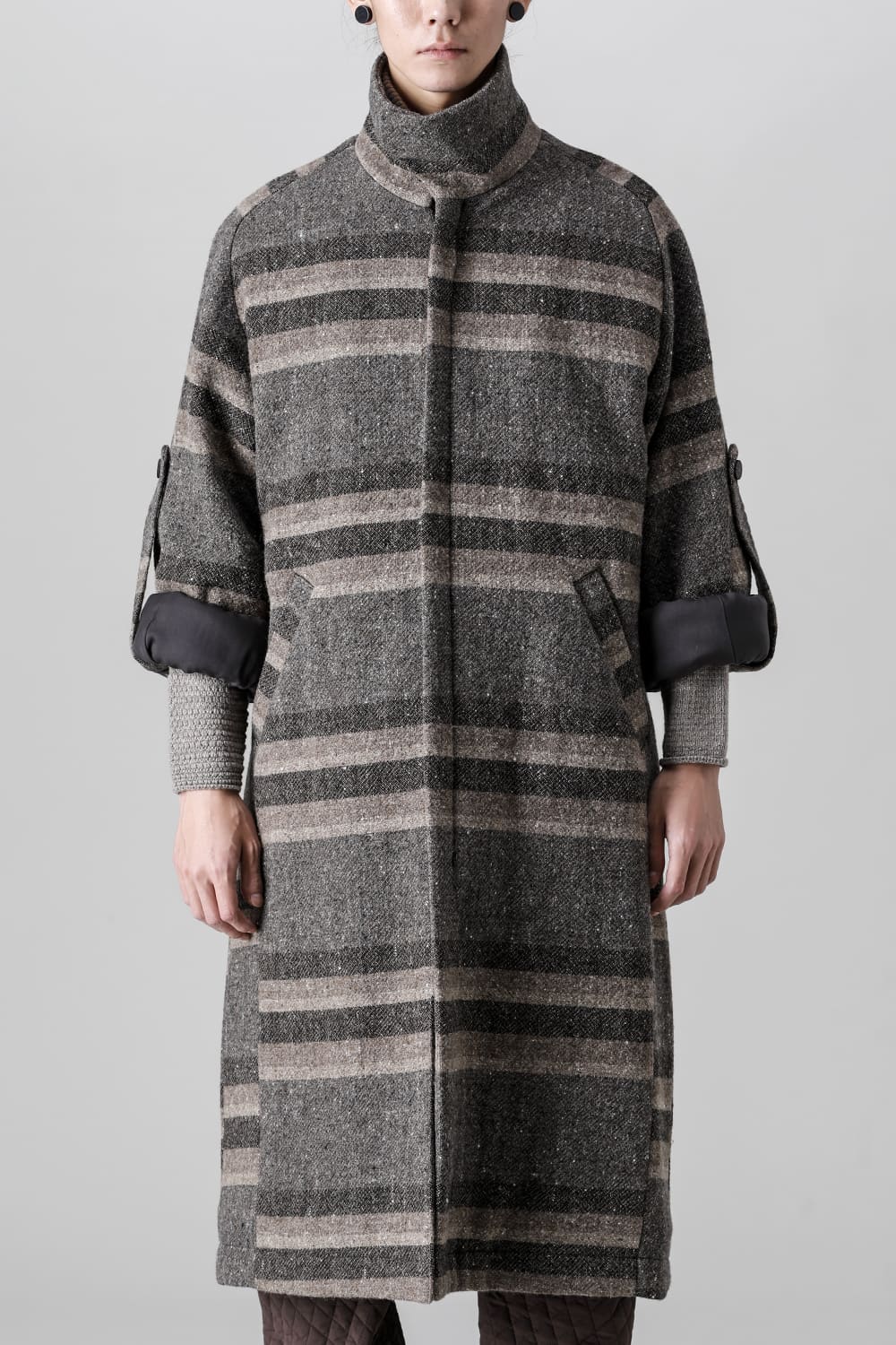 ハイネック コート ストライプ ウール