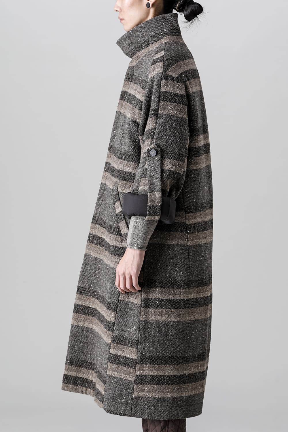 ハイネック コート ストライプ ウール