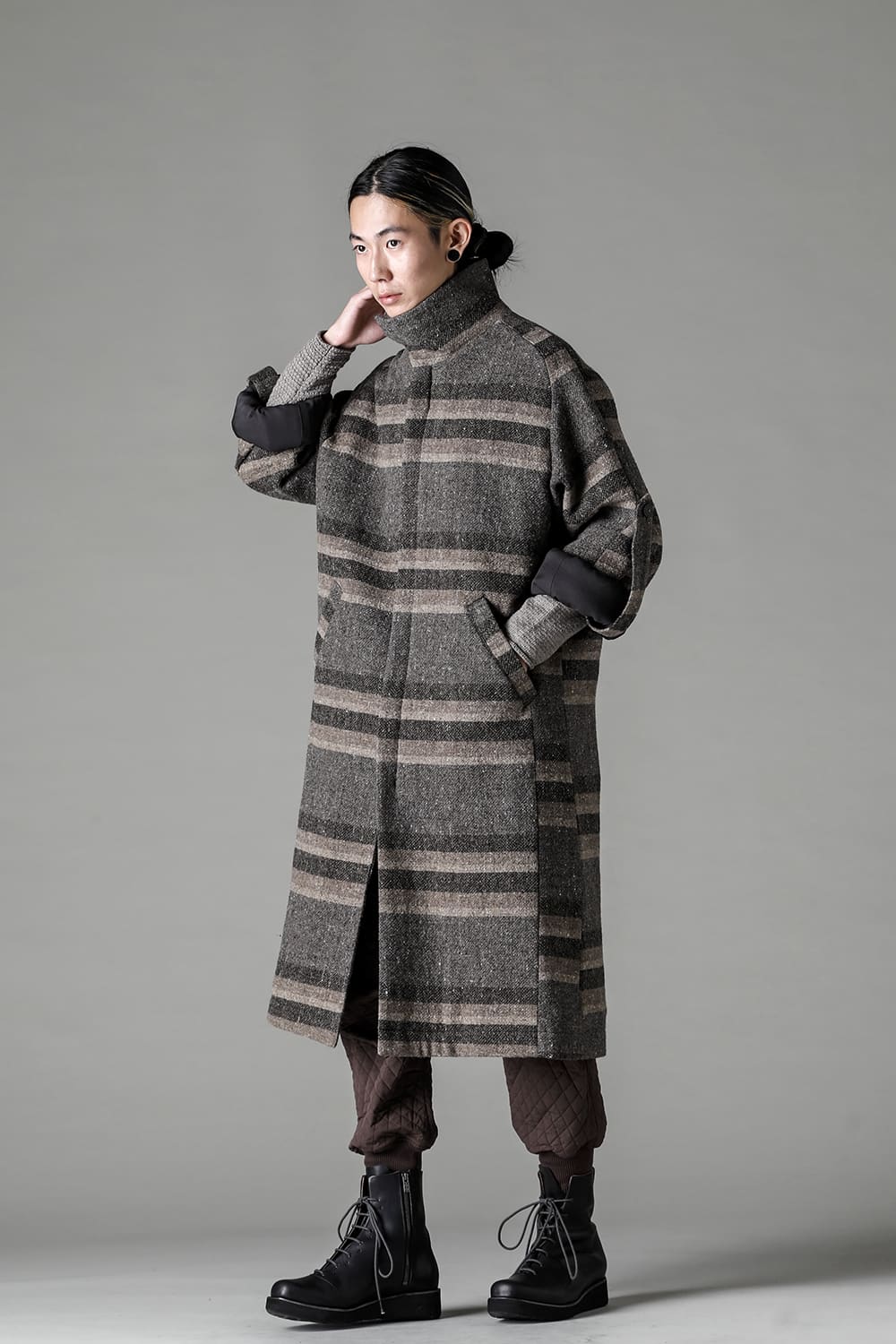 ハイネック コート ストライプ ウール