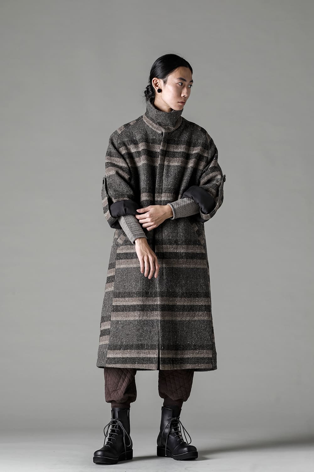 ハイネック コート ストライプ ウール