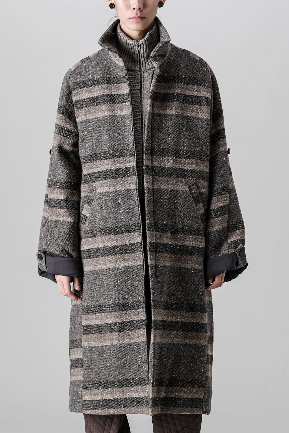 ハイネック コート ストライプ ウール