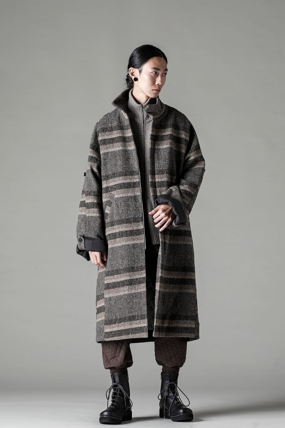 ハイネック コート ストライプ ウール