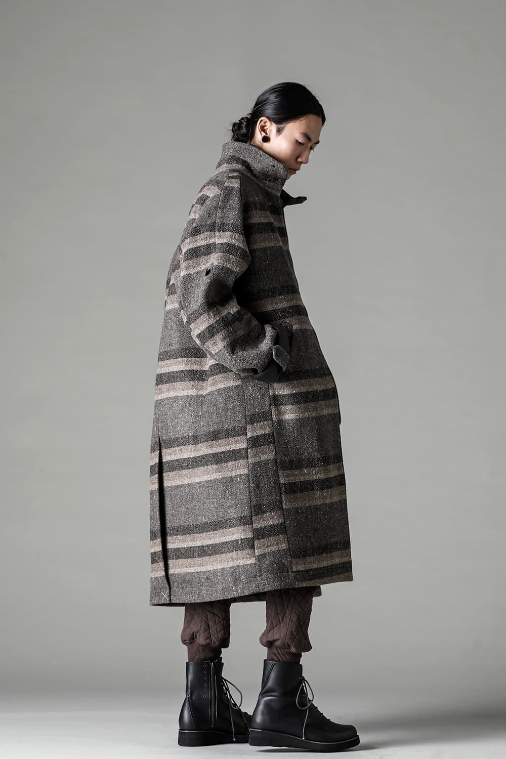ハイネック コート ストライプ ウール