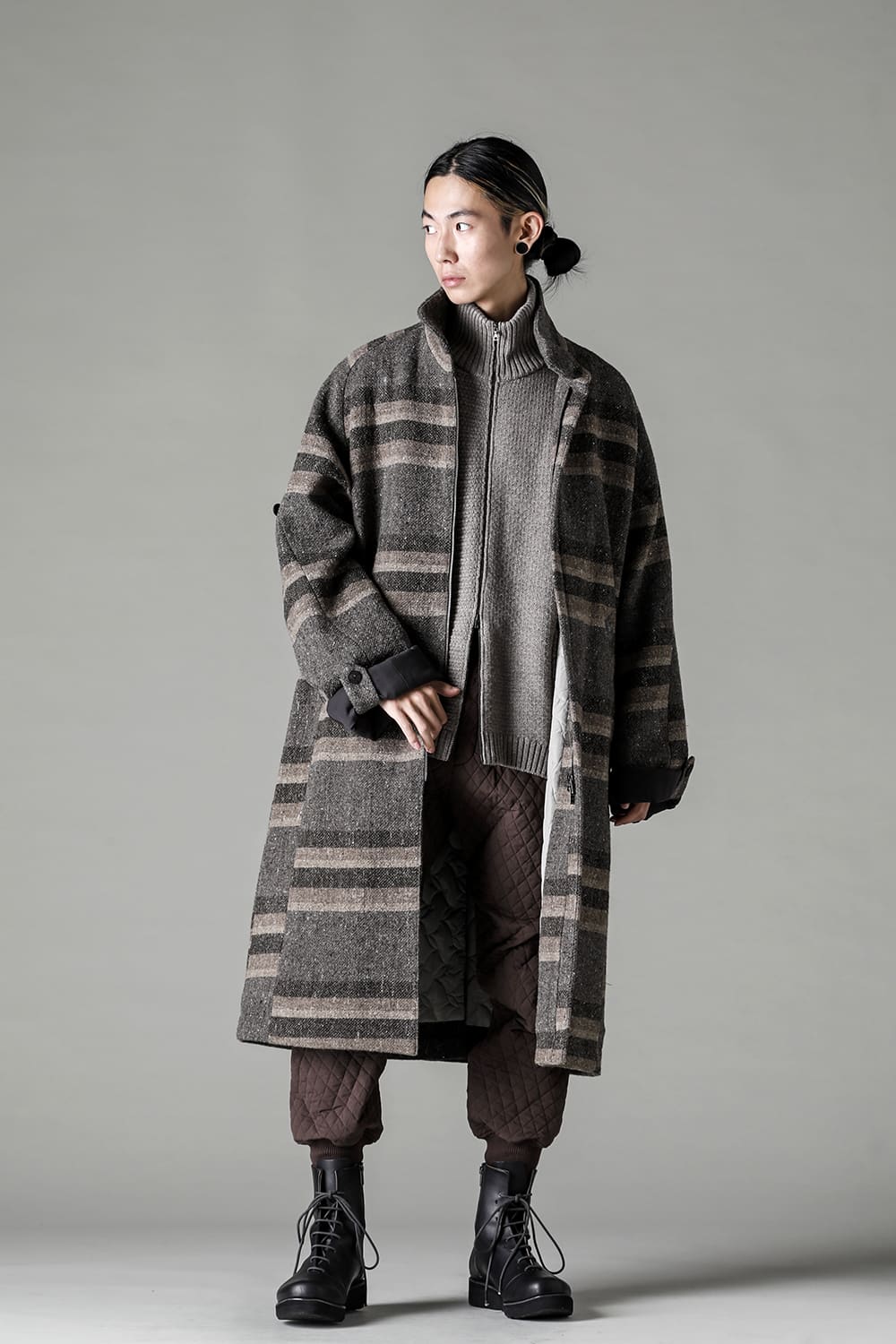 ハイネック コート ストライプ ウール