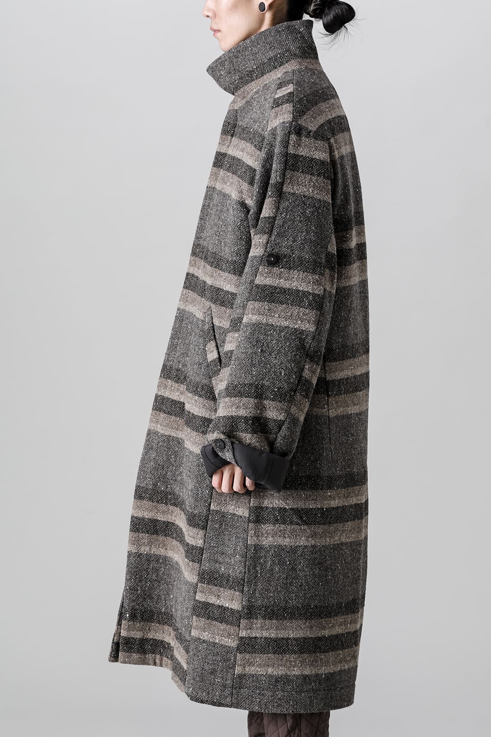 ハイネック コート ストライプ ウール