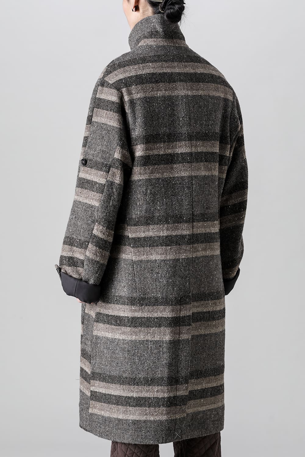 ハイネック コート ストライプ ウール