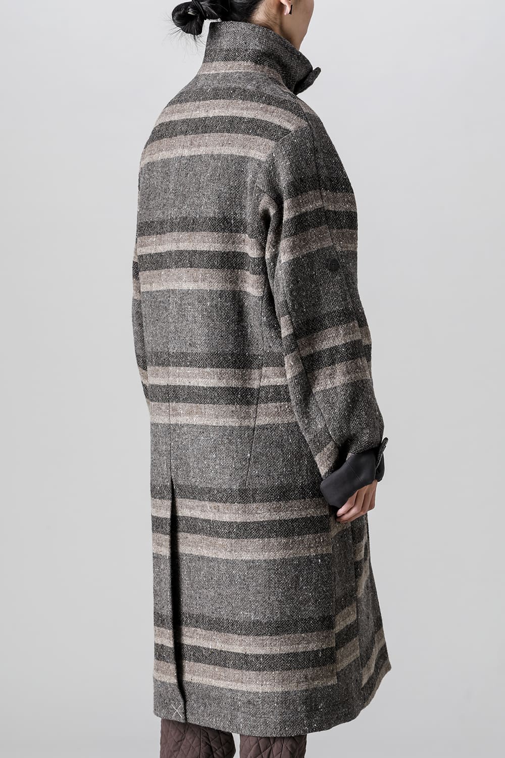 ハイネック コート ストライプ ウール