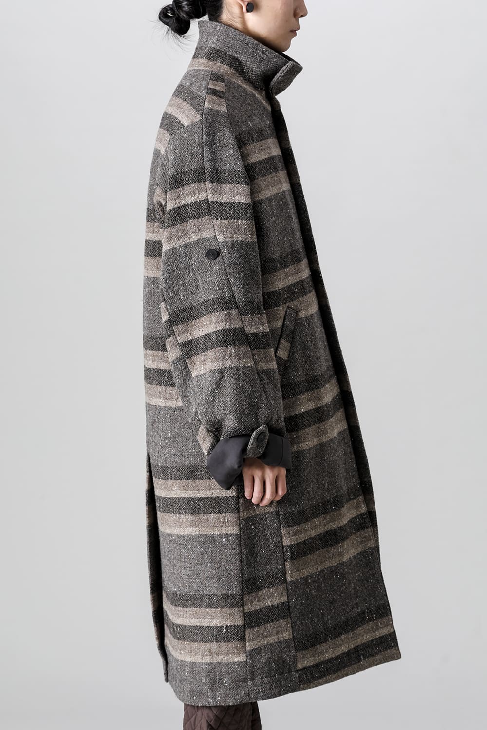 ハイネック コート ストライプ ウール