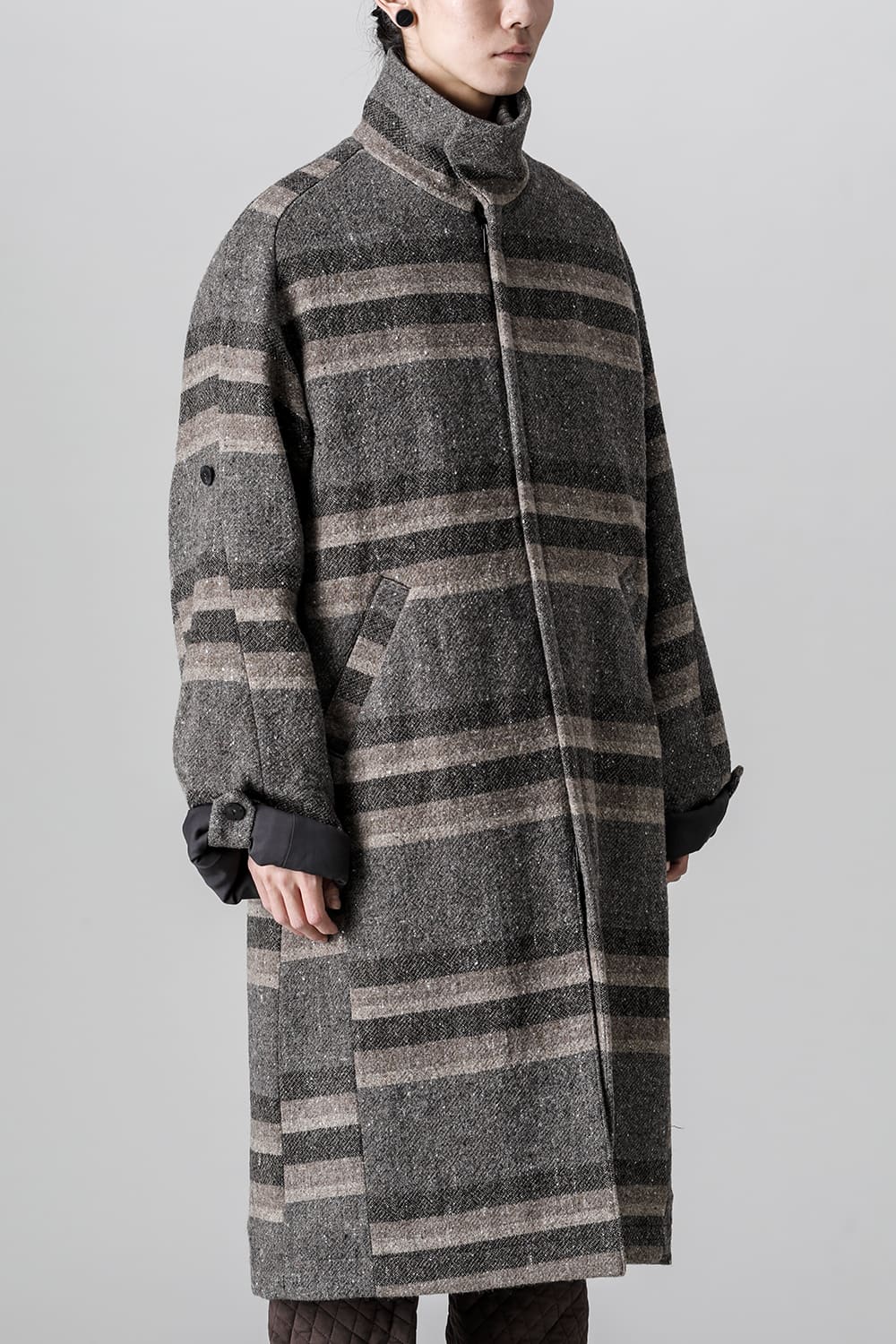 ハイネック コート ストライプ ウール