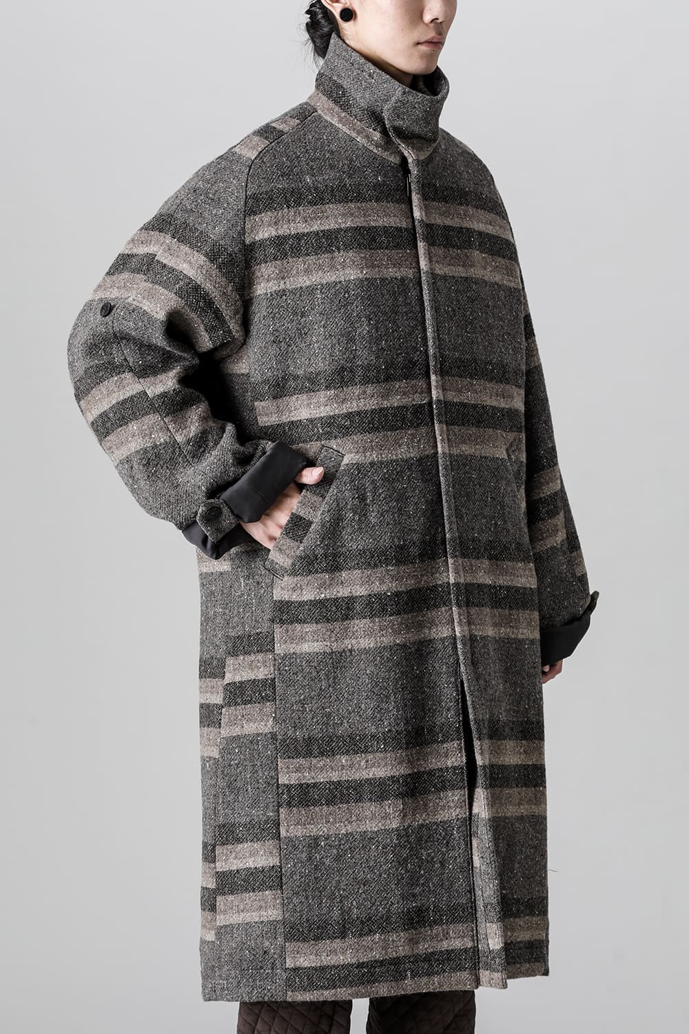 ハイネック コート ストライプ ウール