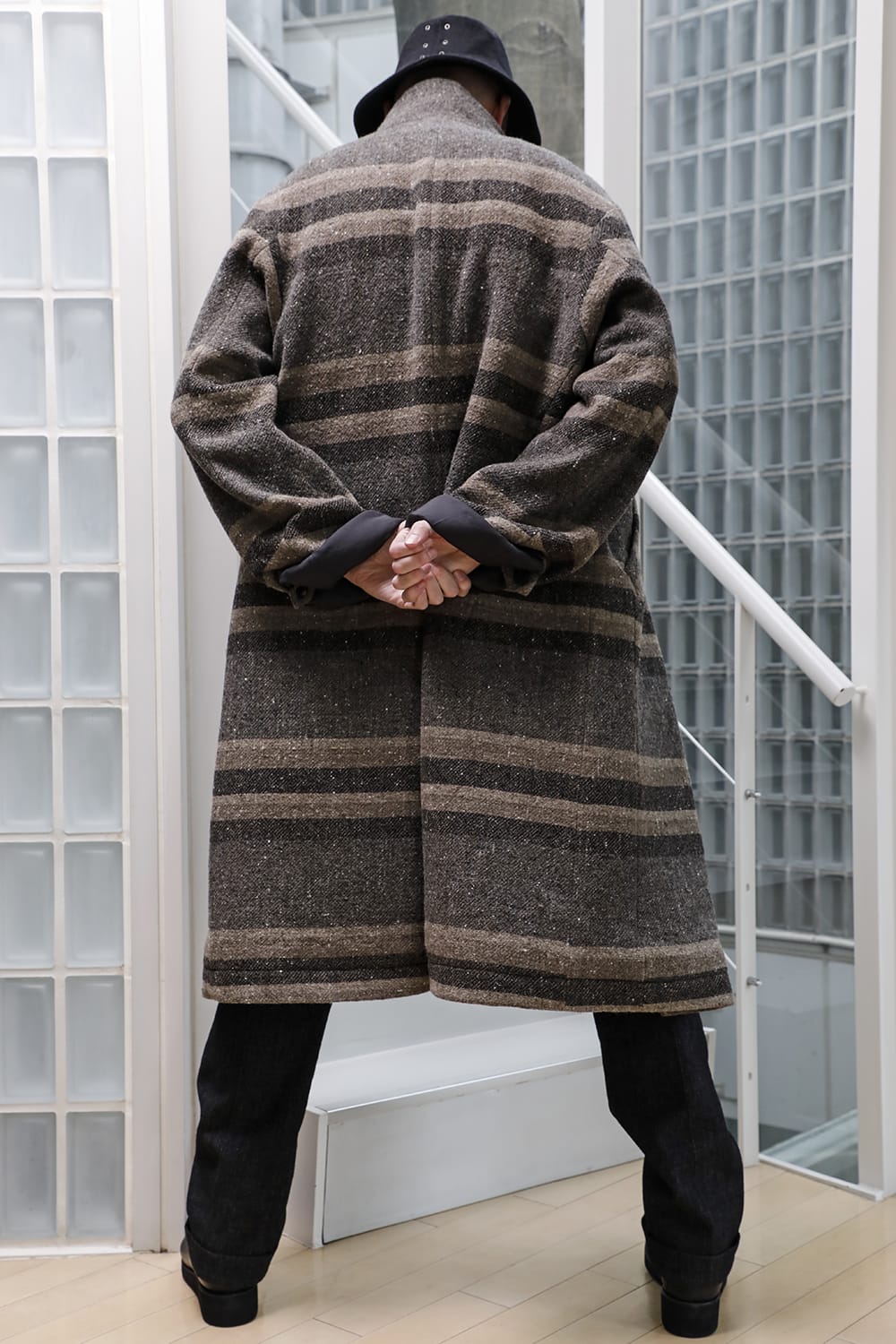 ハイネック コート ストライプ ウール