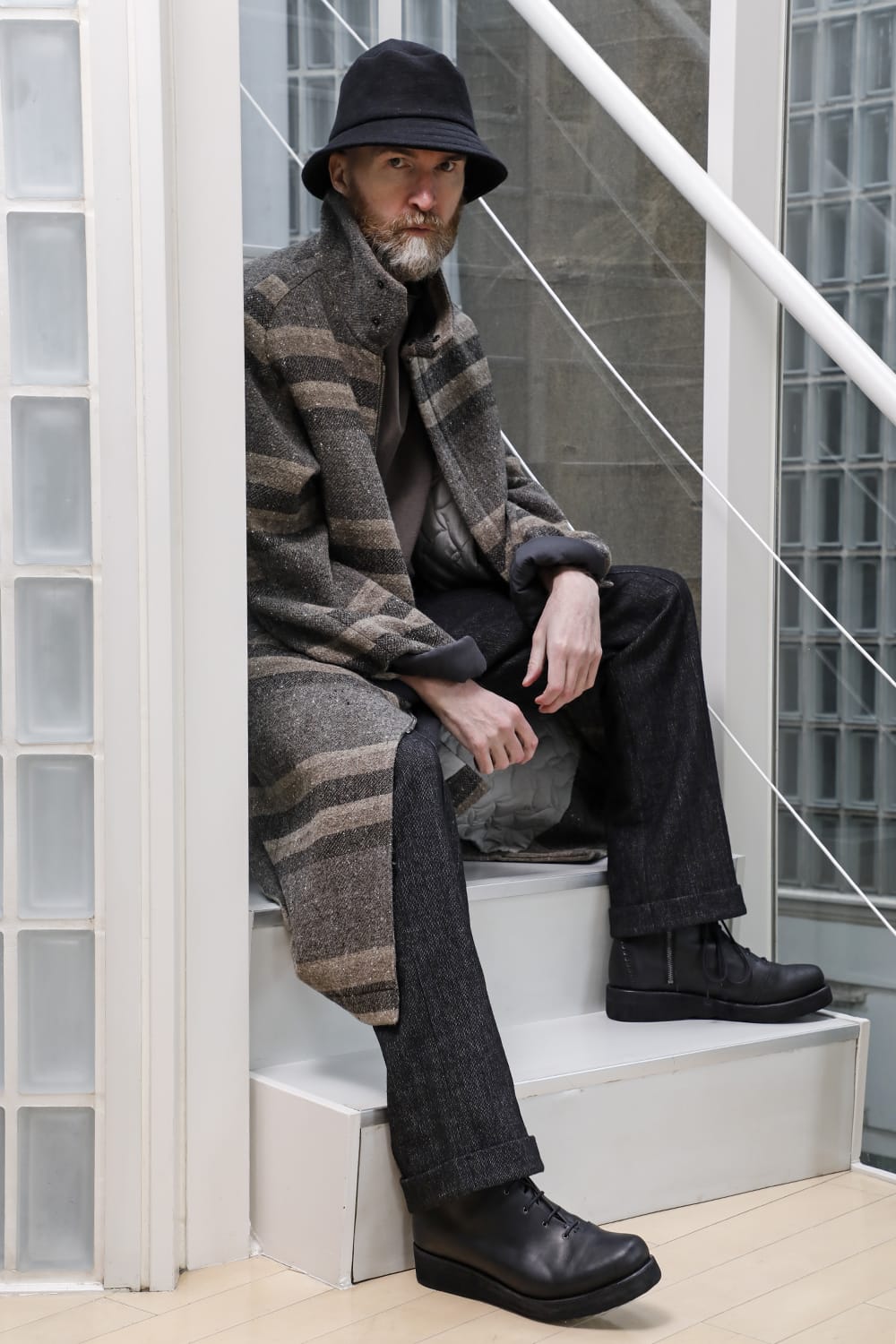 ハイネック コート ストライプ ウール