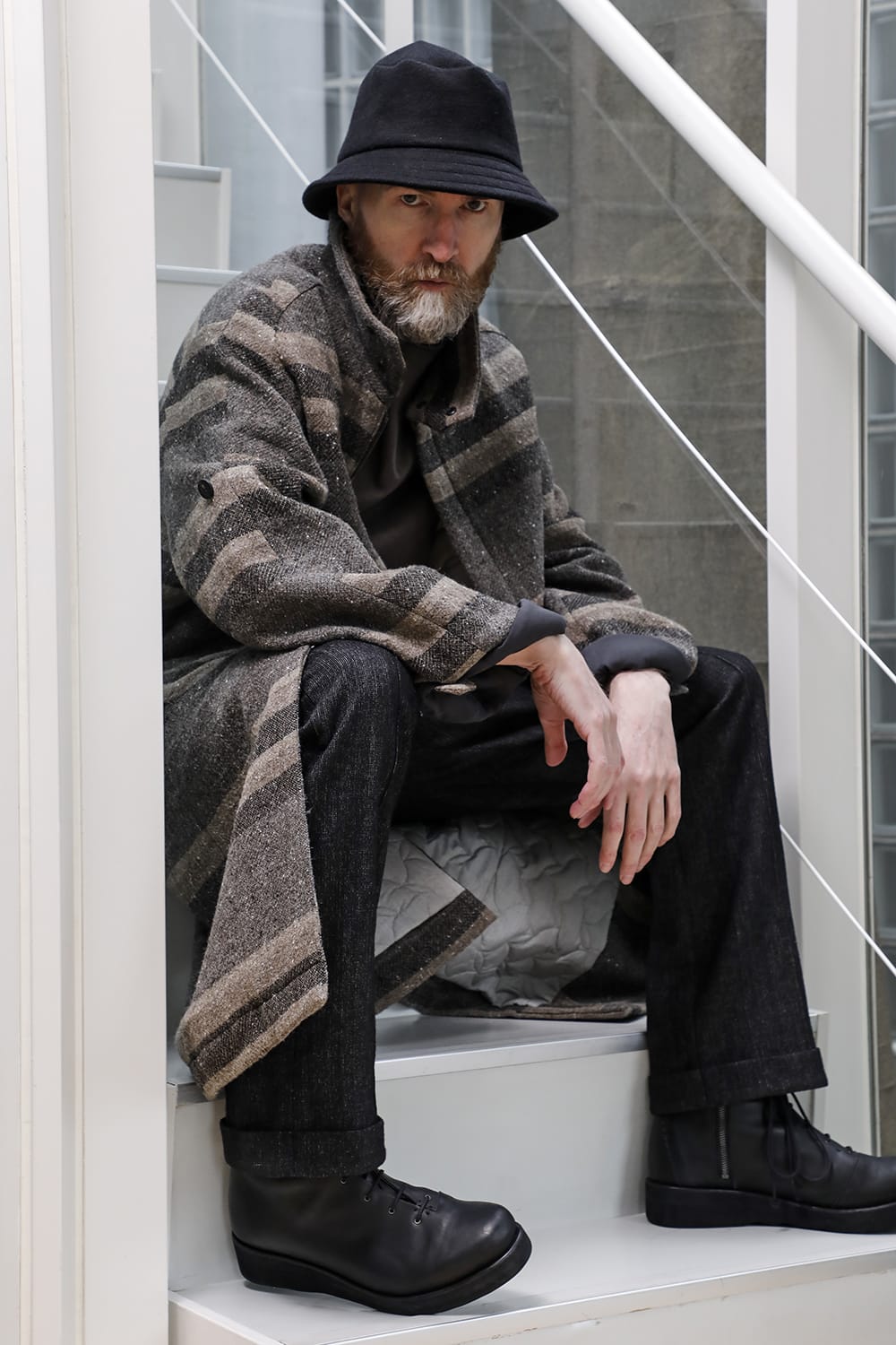 ハイネック コート ストライプ ウール