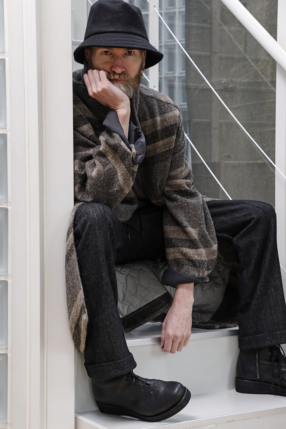 ハイネック コート ストライプ ウール