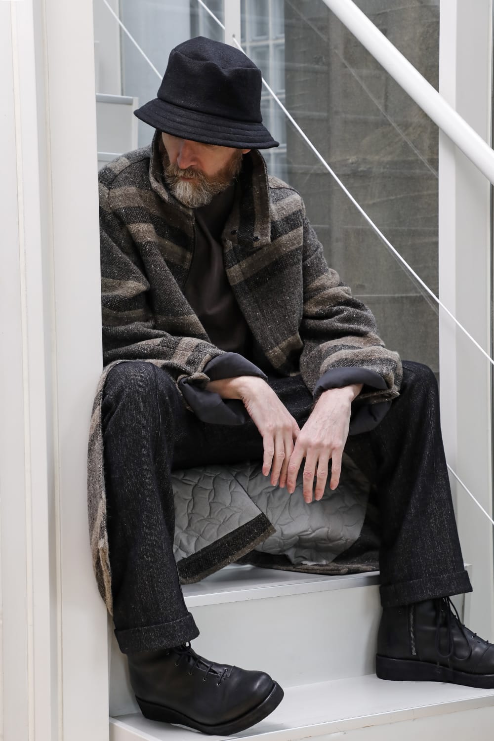 ハイネック コート ストライプ ウール