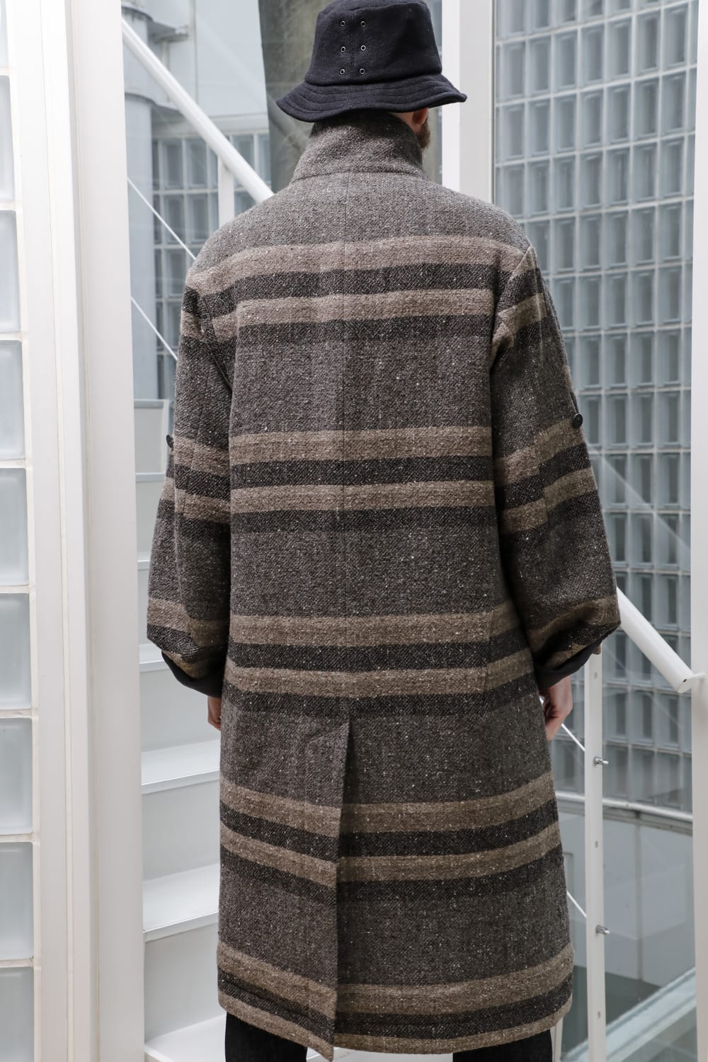 ハイネック コート ストライプ ウール
