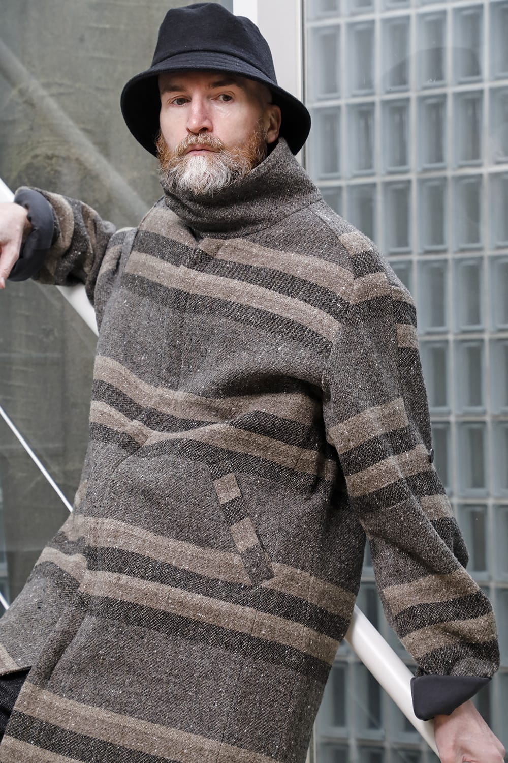 ハイネック コート ストライプ ウール