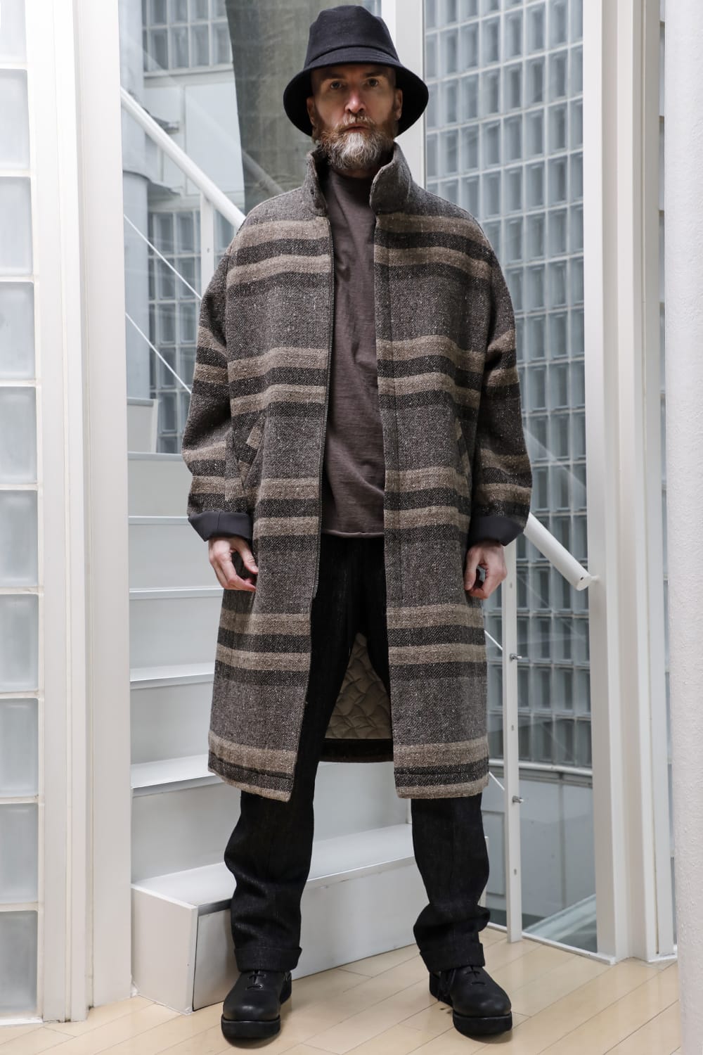 ハイネック コート ストライプ ウール