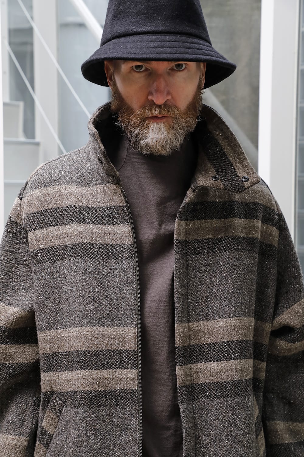 ハイネック コート ストライプ ウール