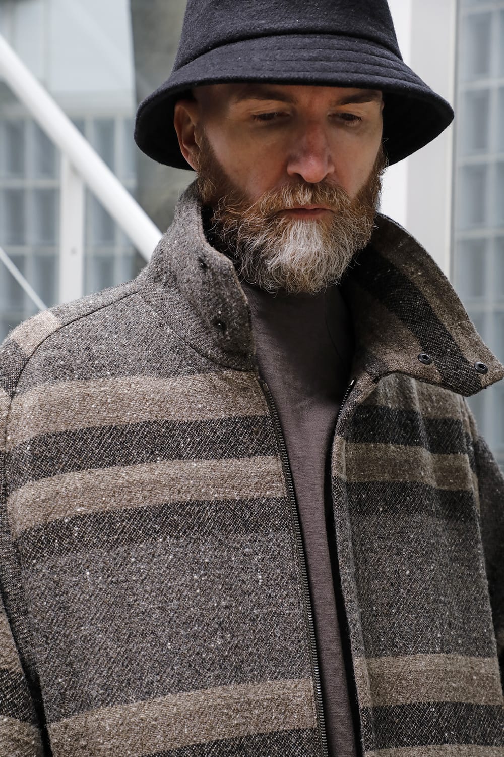 ハイネック コート ストライプ ウール