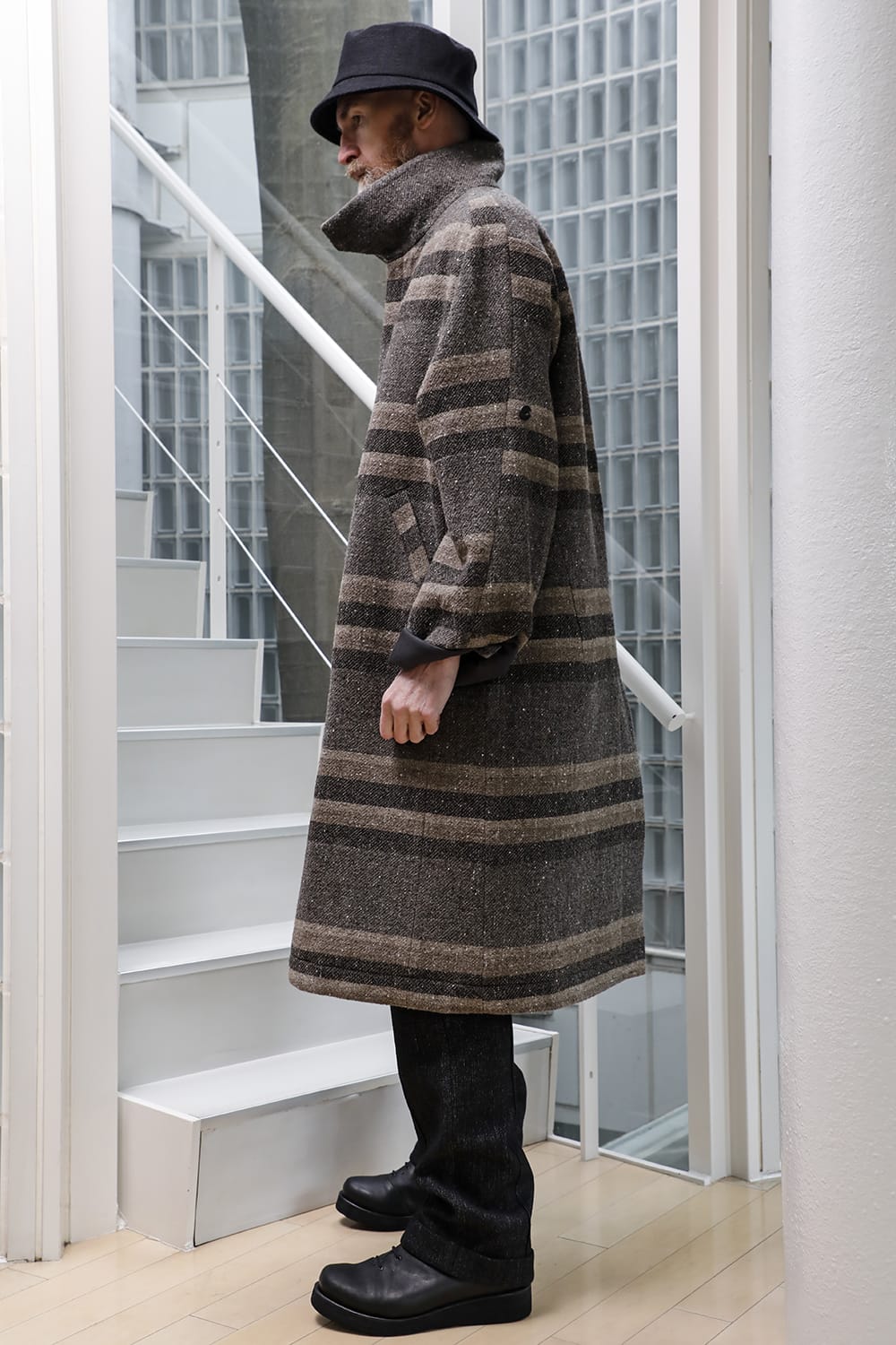 ハイネック コート ストライプ ウール