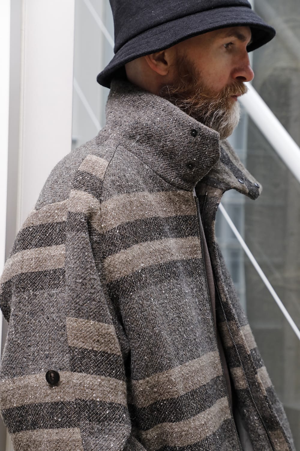 ハイネック コート ストライプ ウール