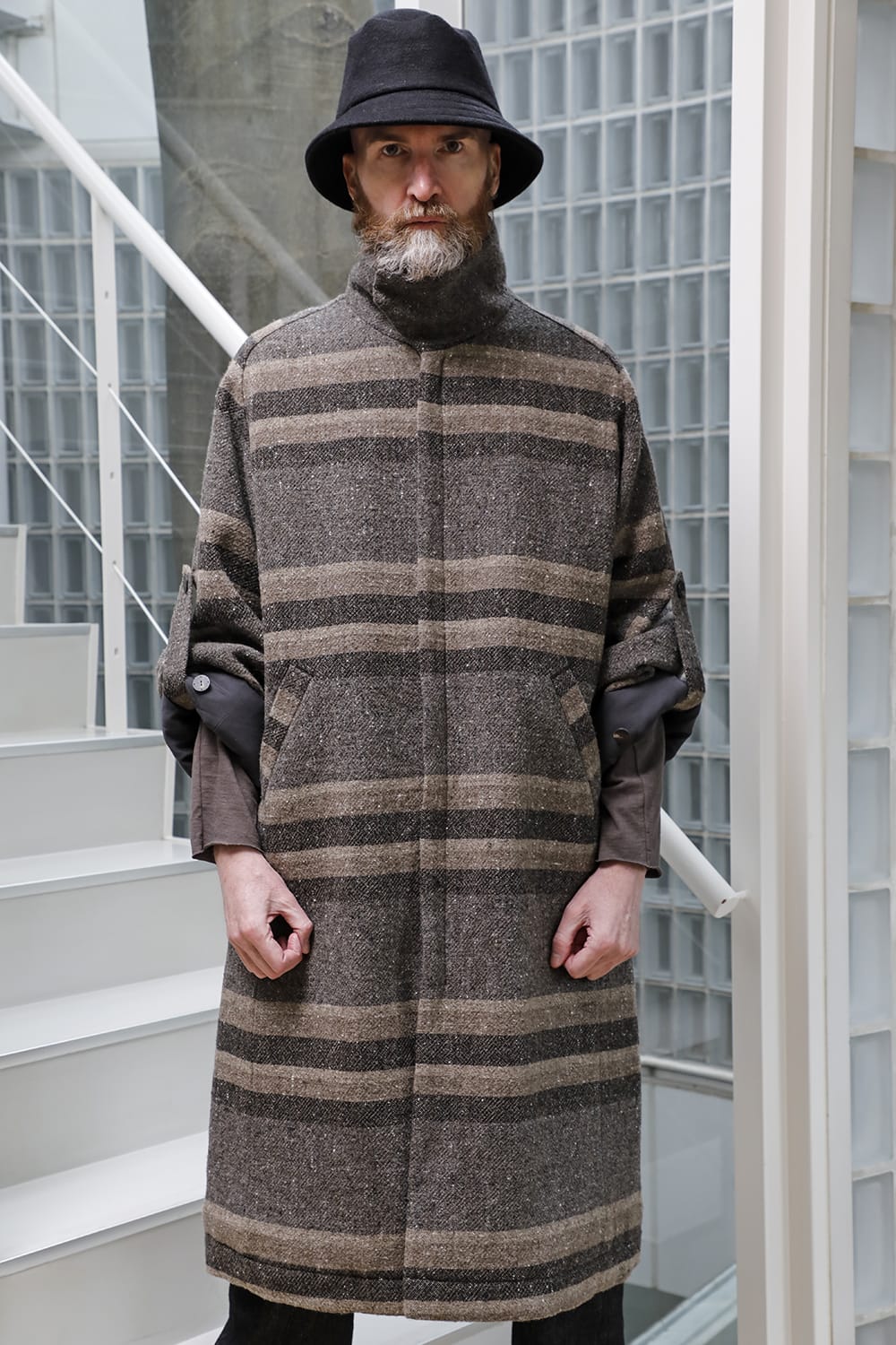 ハイネック コート ストライプ ウール