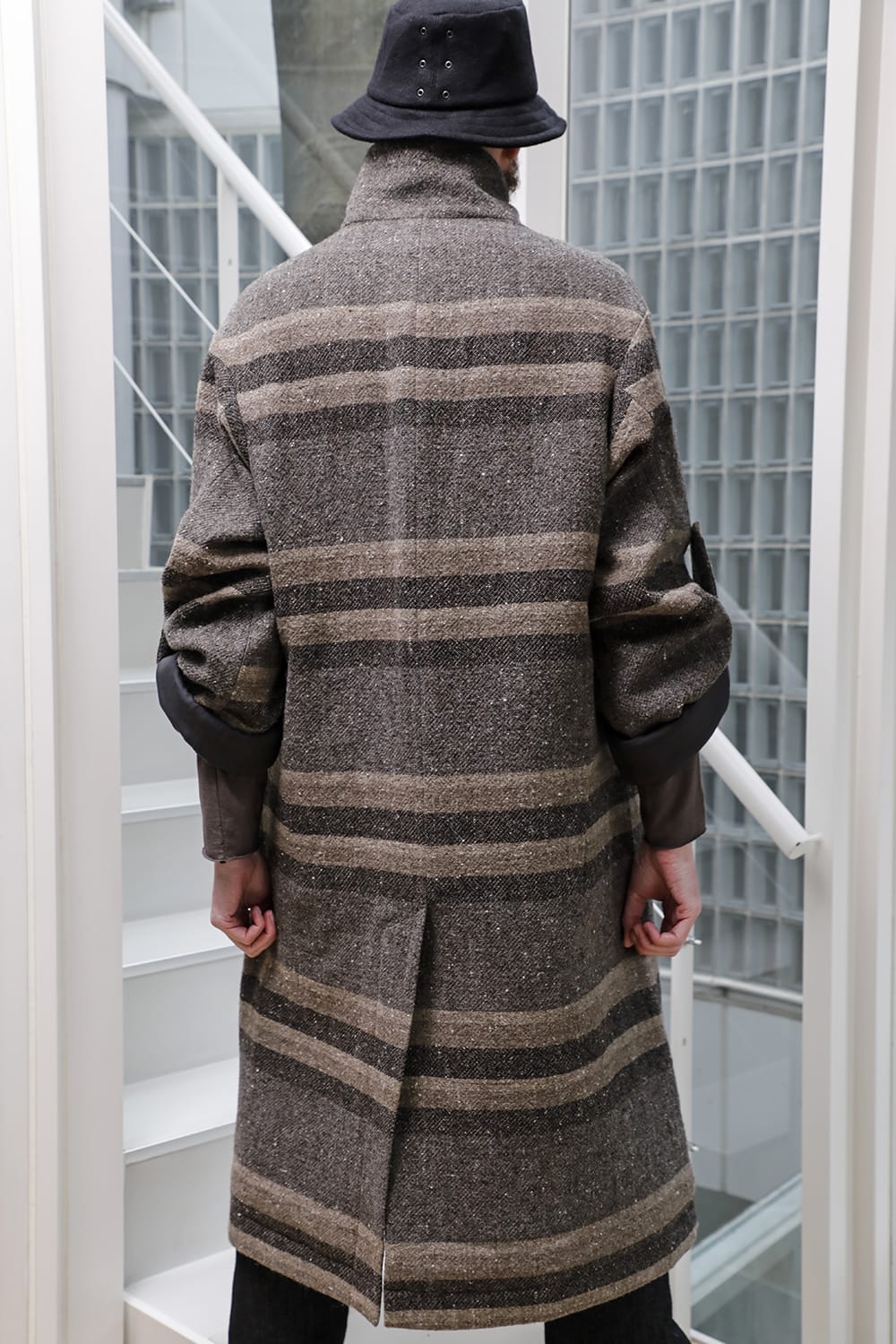 ハイネック コート ストライプ ウール