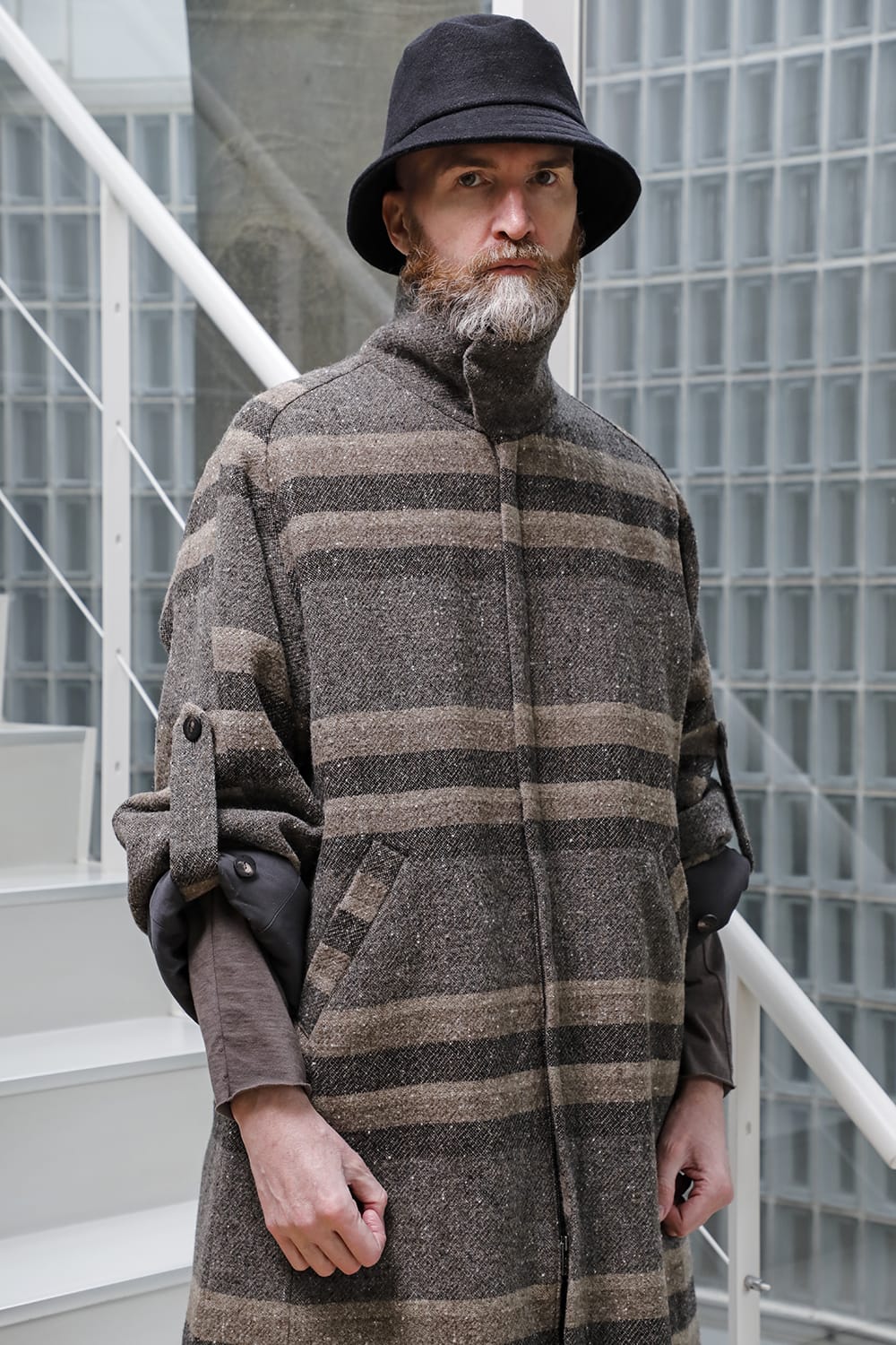 ハイネック コート ストライプ ウール