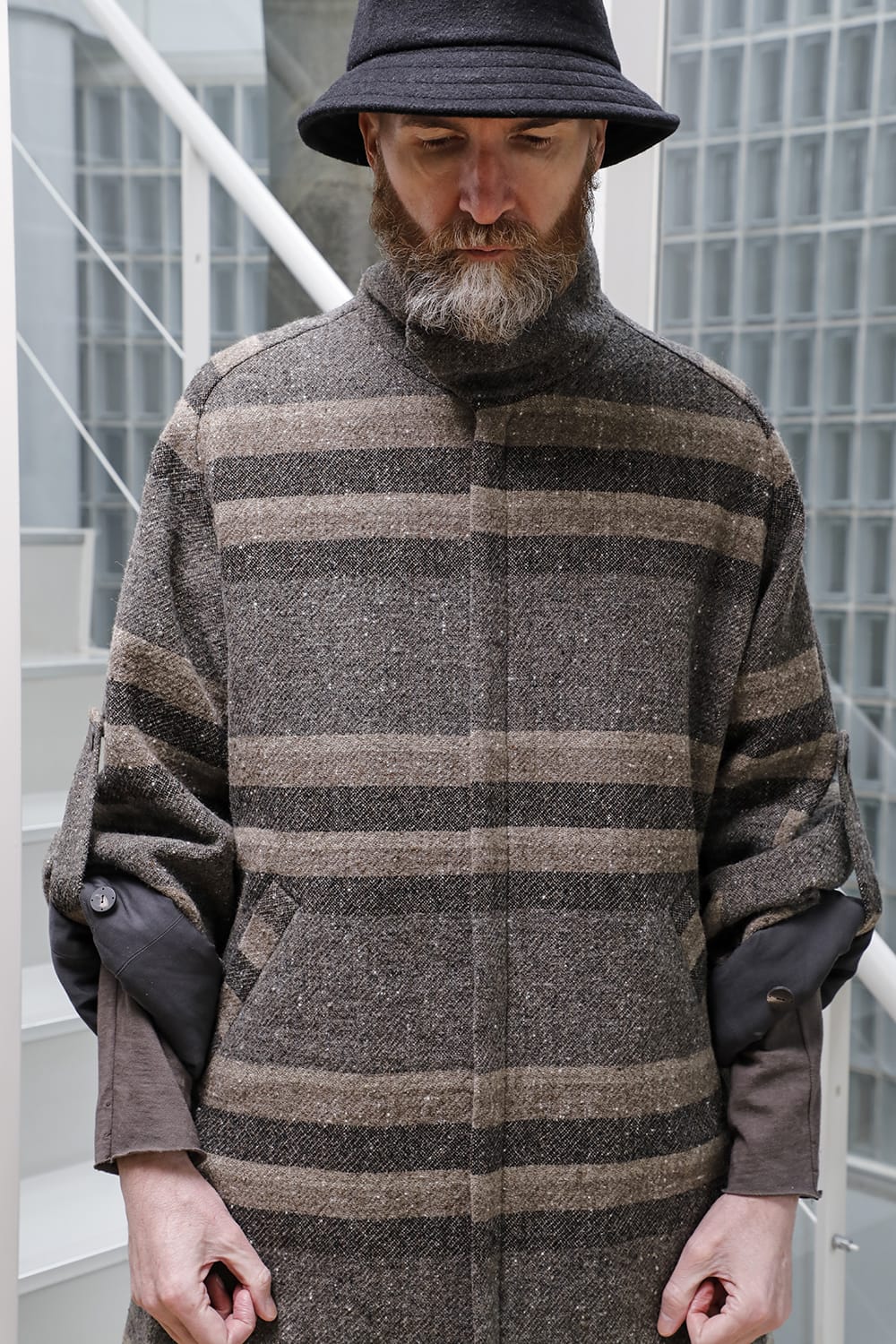 ハイネック コート ストライプ ウール