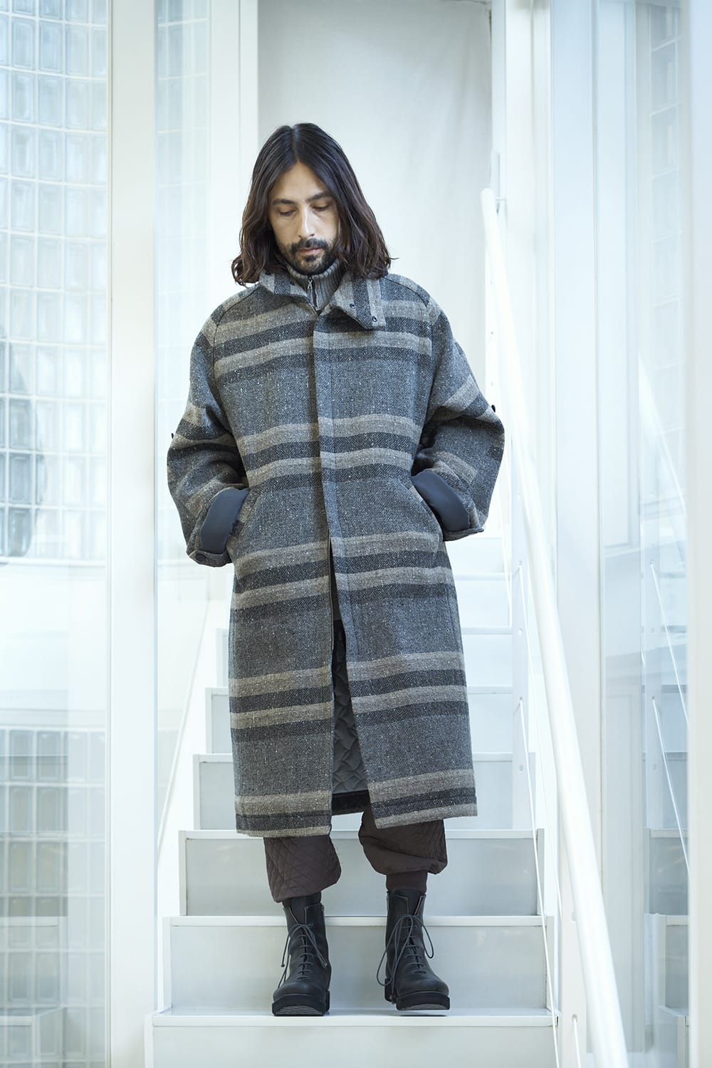 ハイネック コート ストライプ ウール
