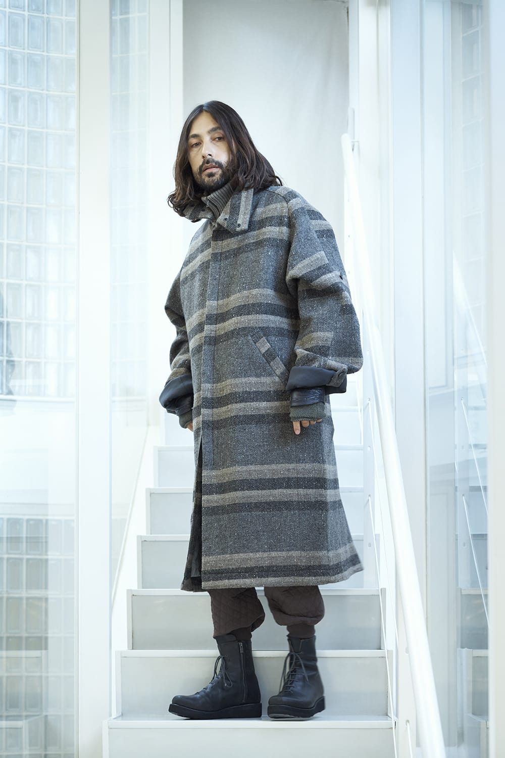 ハイネック コート ストライプ ウール