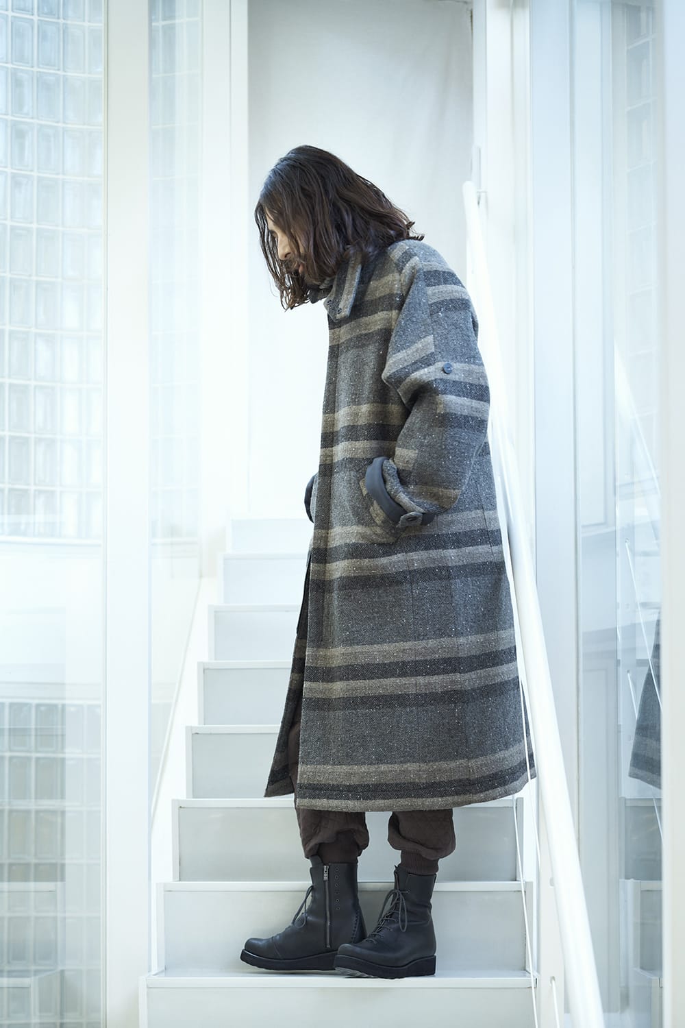ハイネック コート ストライプ ウール