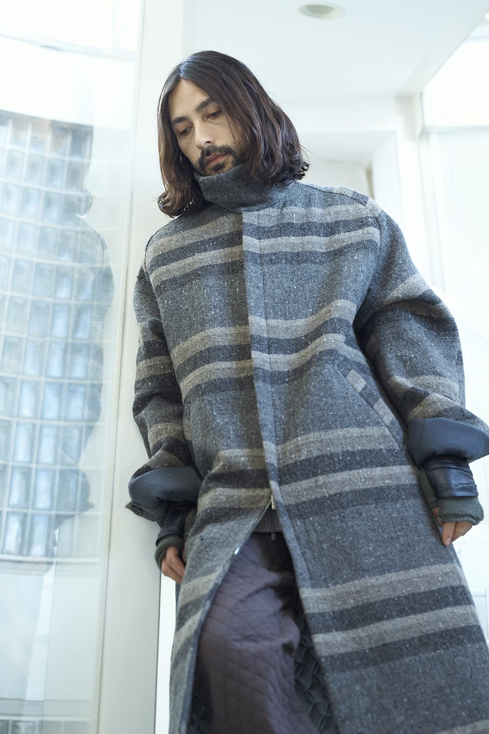 ハイネック コート ストライプ ウール