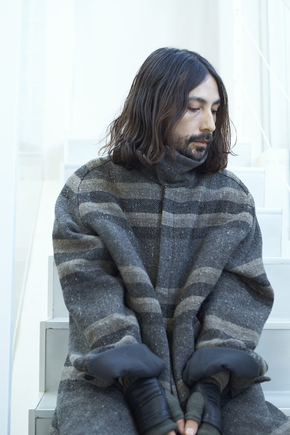 ハイネック コート ストライプ ウール