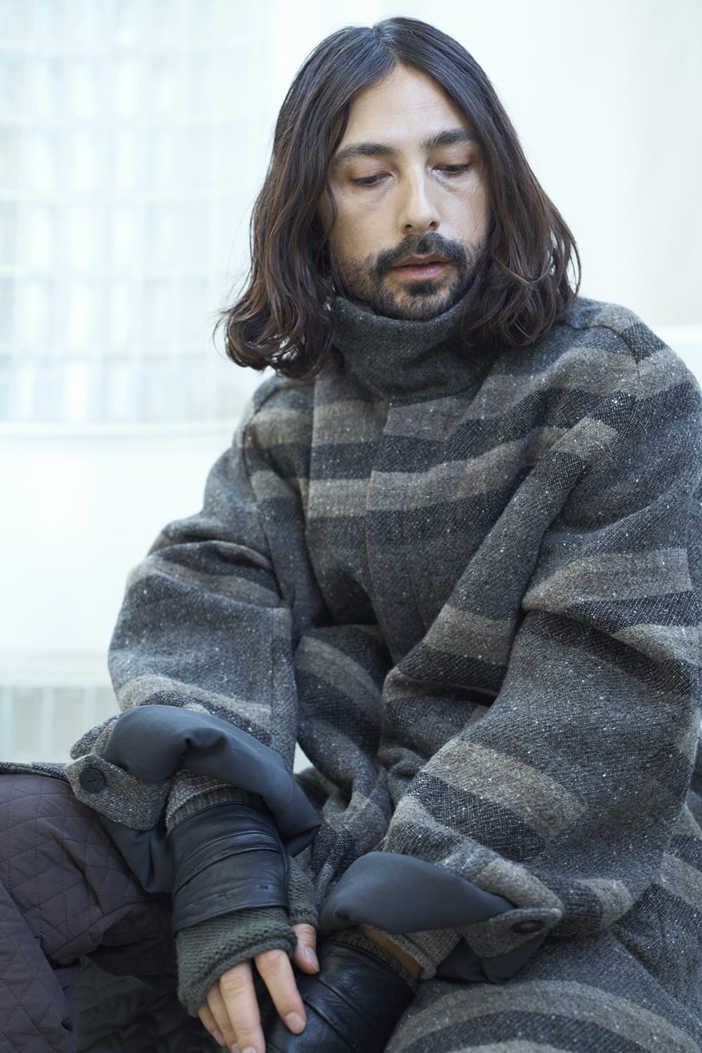 ハイネック コート ストライプ ウール