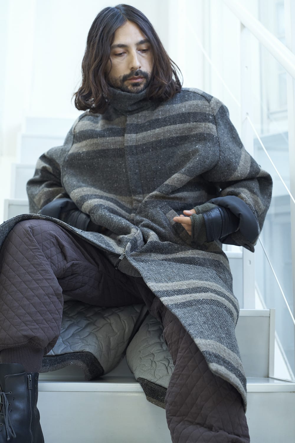 ハイネック コート ストライプ ウール