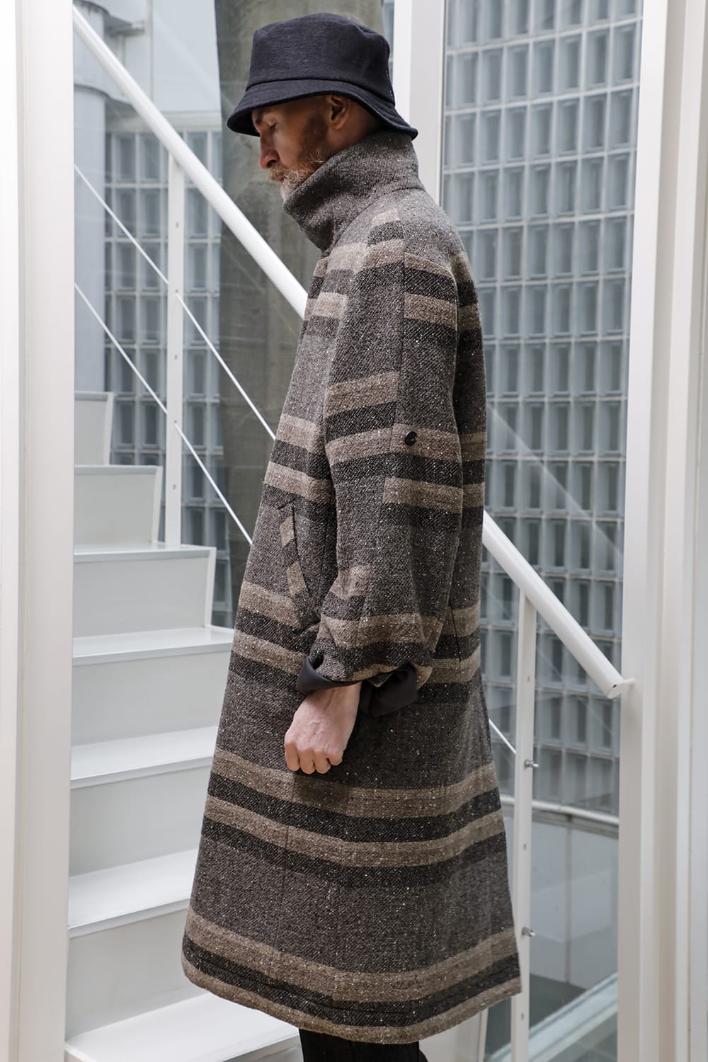 ハイネック コート ストライプ ウール