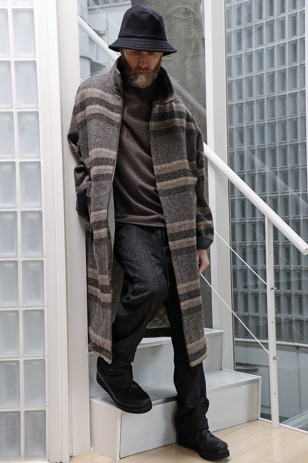 ハイネック コート ストライプ ウール