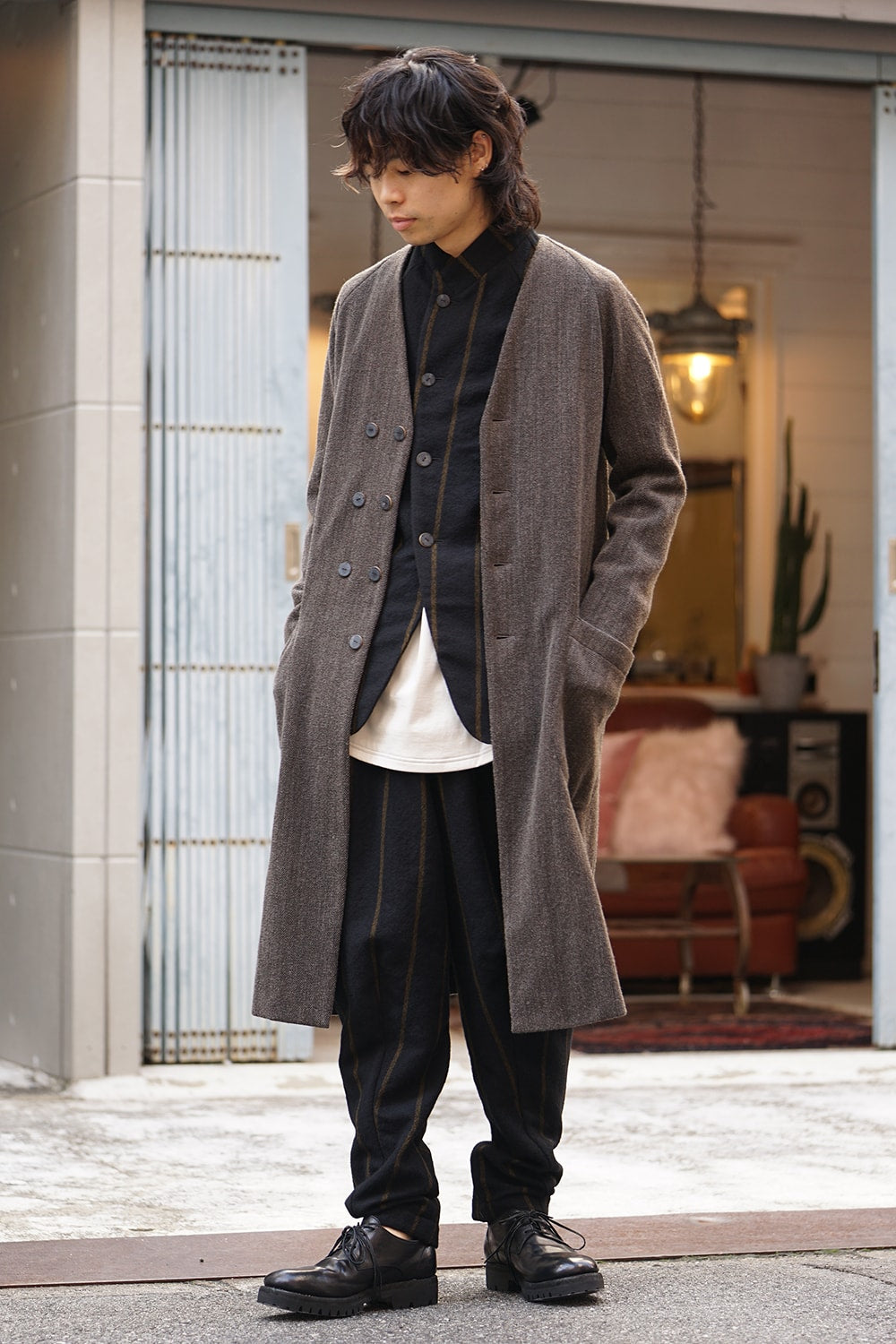 Coat Wool / Cotton Raschel Knit Brown Gray