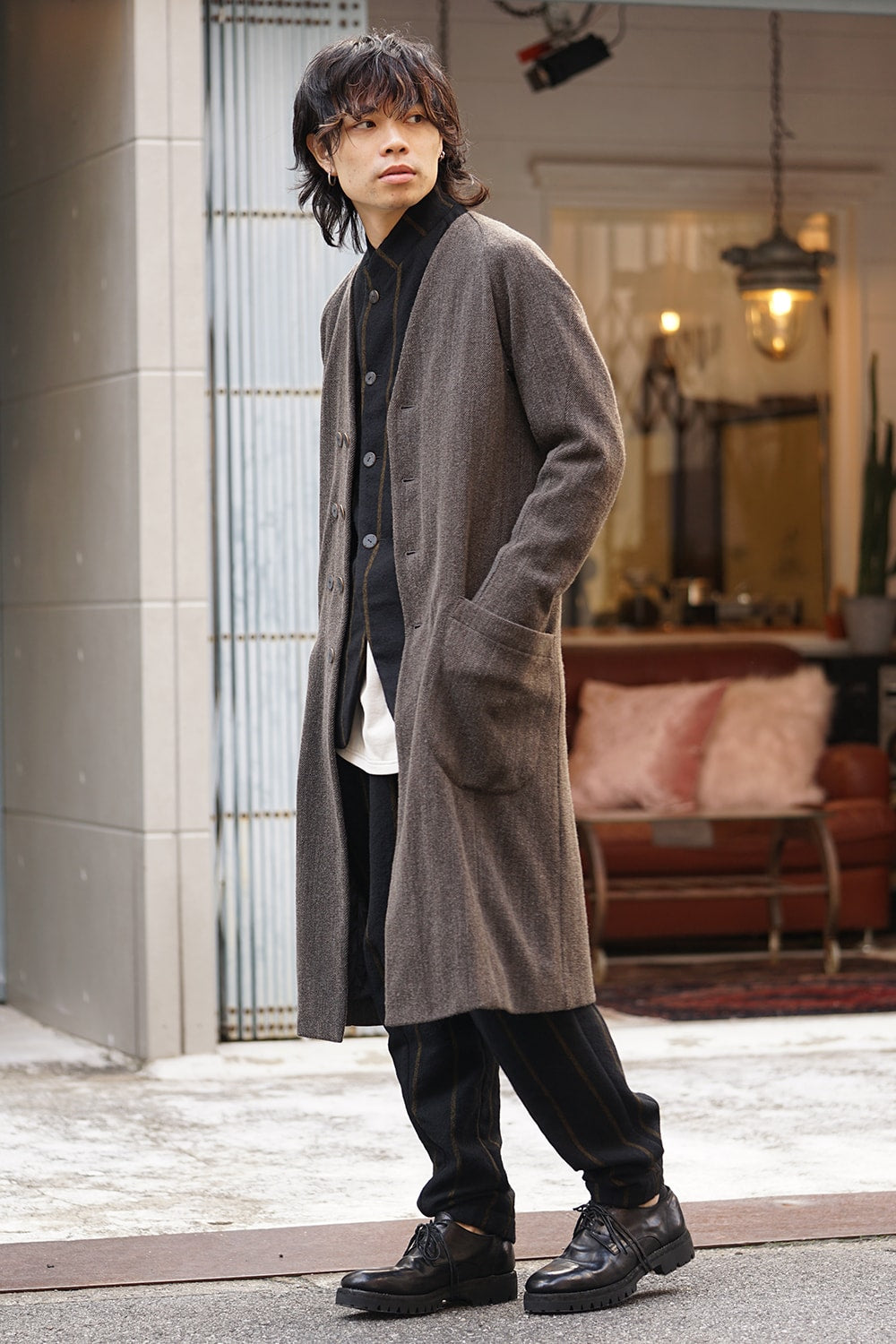 Coat Wool / Cotton Raschel Knit Brown Gray