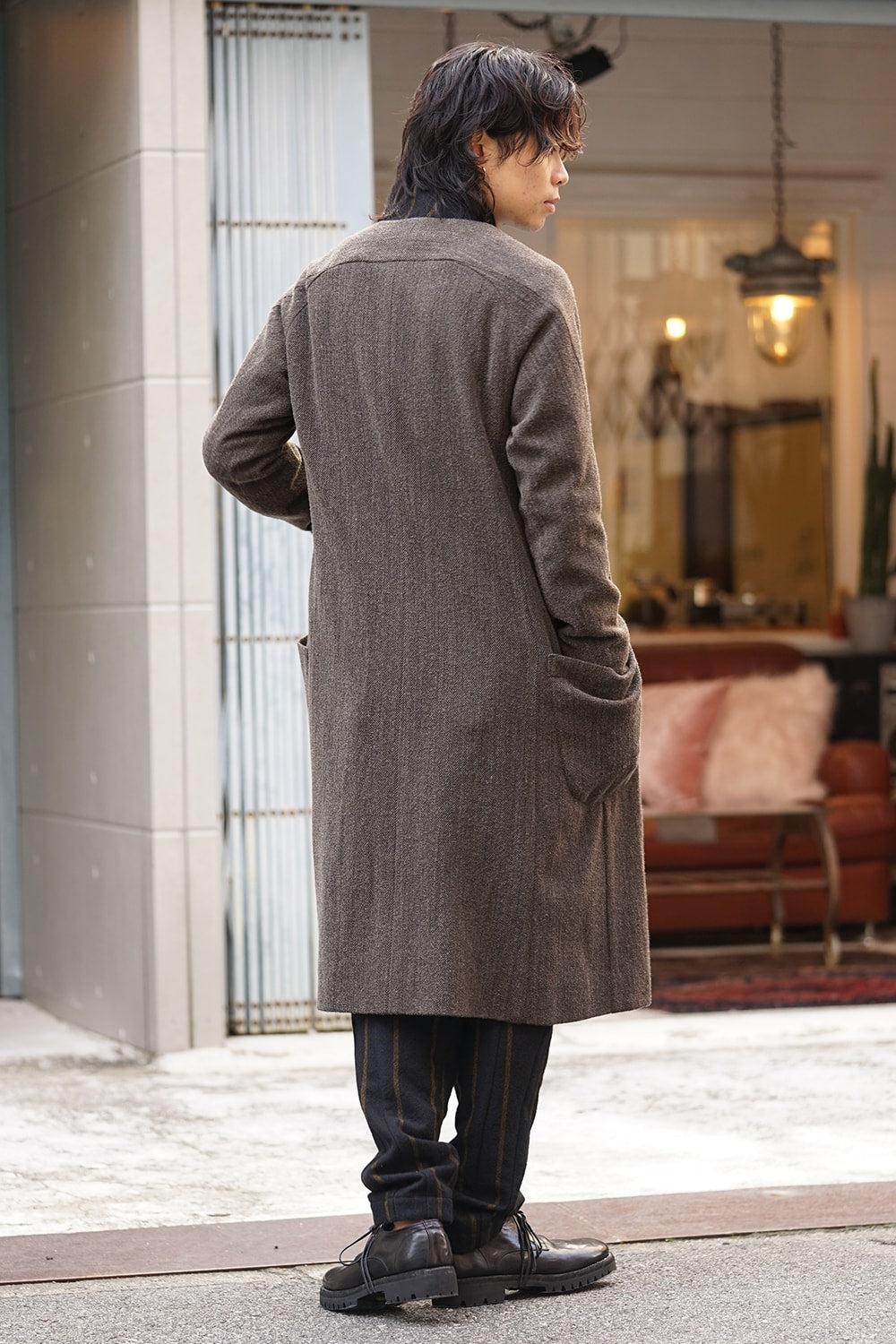 Coat Wool / Cotton Raschel Knit Brown Gray