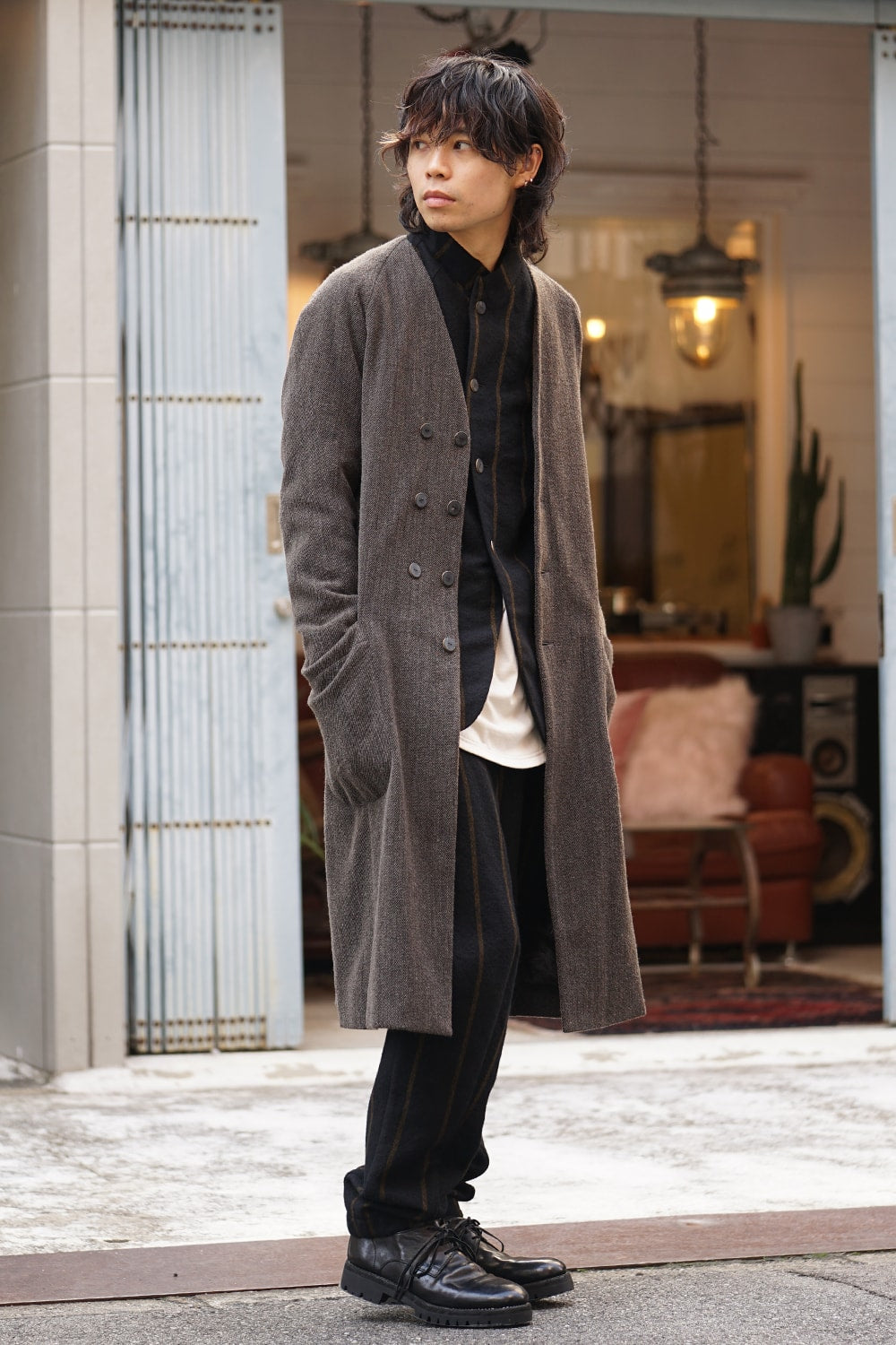 Coat Wool / Cotton Raschel Knit Brown Gray