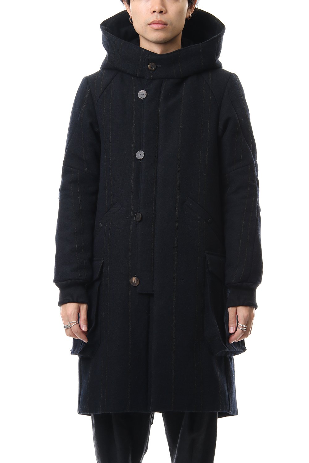Shetland Wool Linen Stripe Batting Hood Coat Navy Black