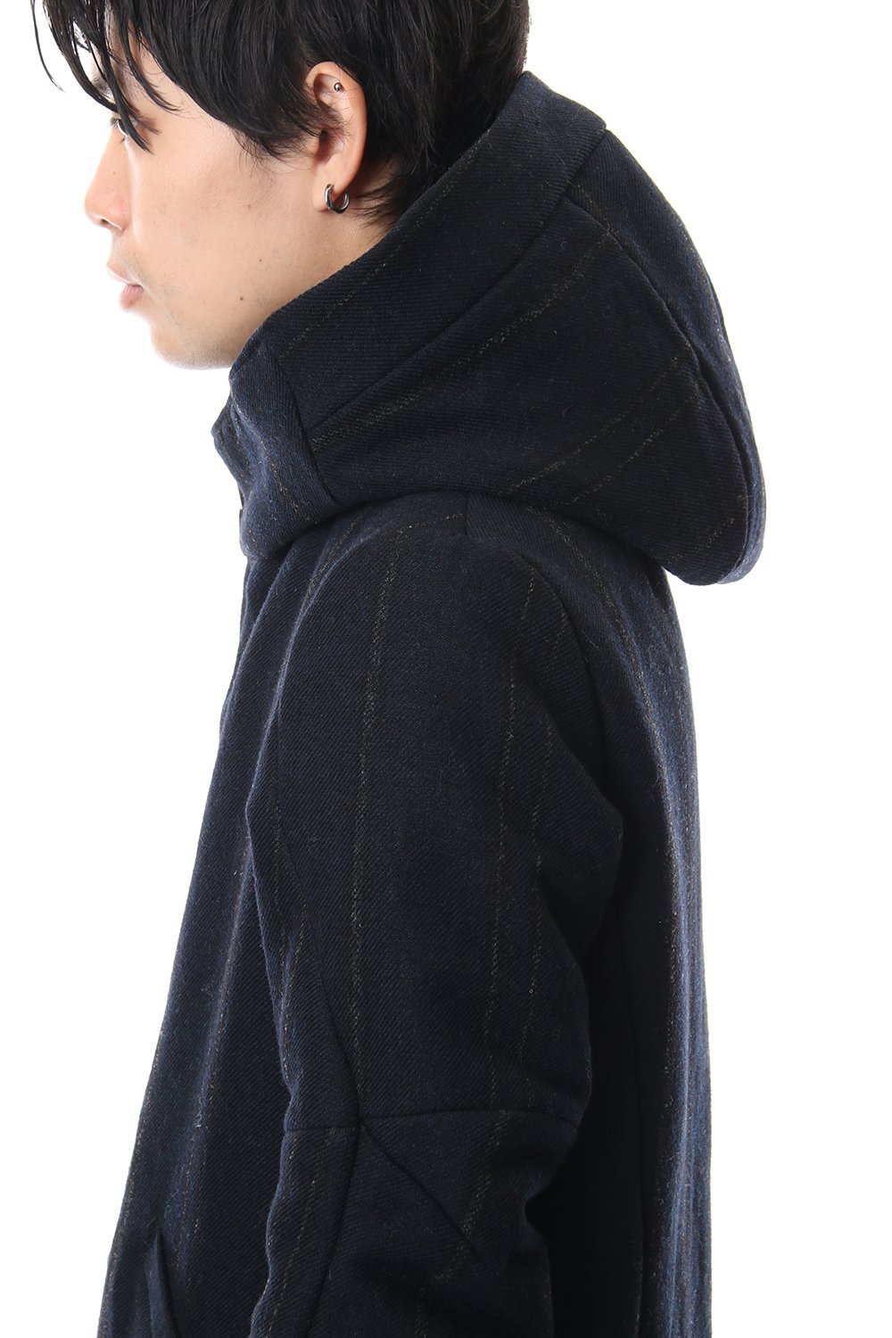 Shetland Wool Linen Stripe Batting Hood Coat Navy Black