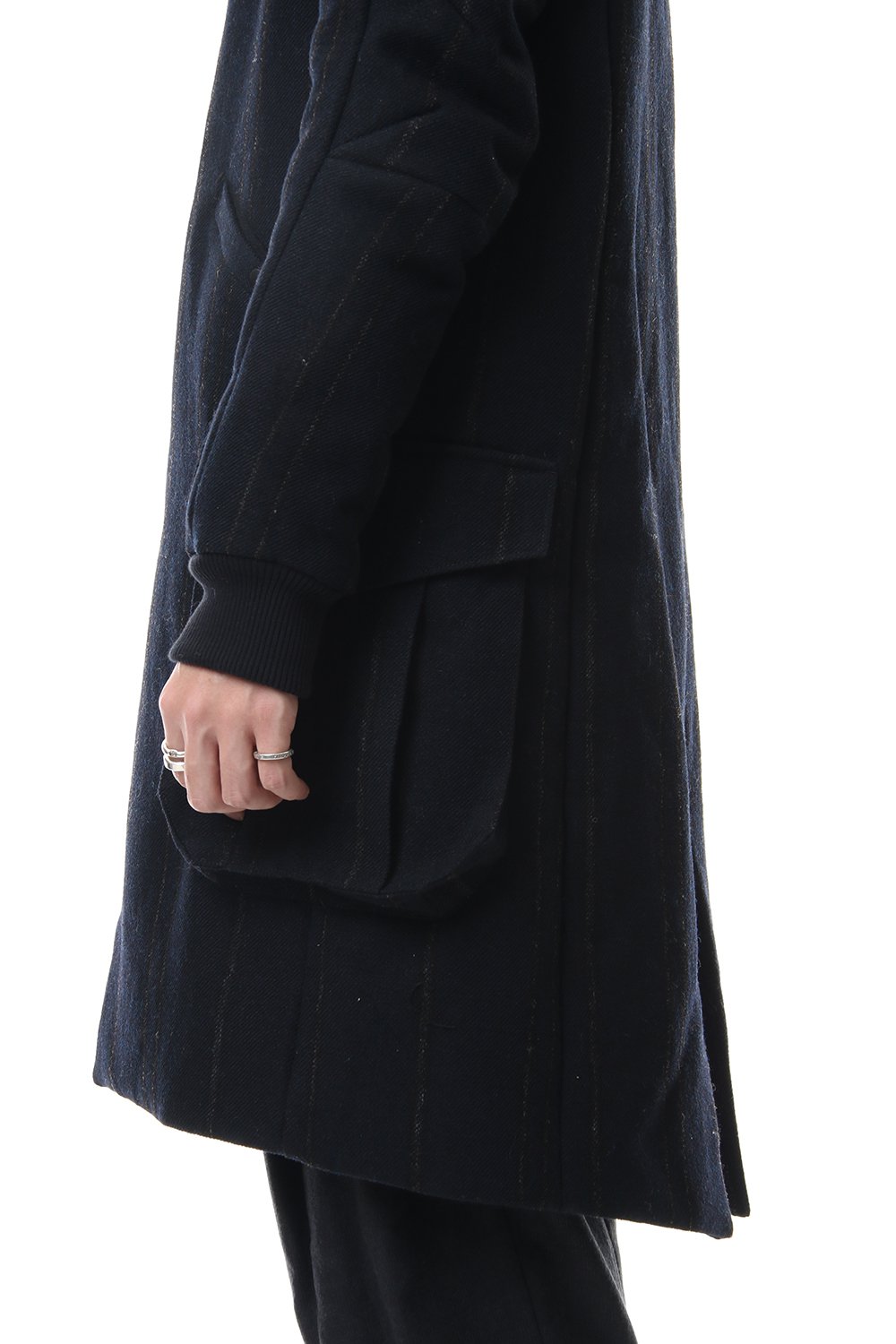 Shetland Wool Linen Stripe Batting Hood Coat Navy Black