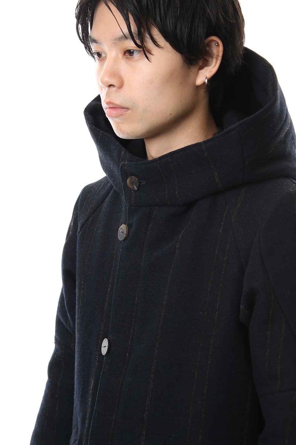 Shetland Wool Linen Stripe Batting Hood Coat Navy Black