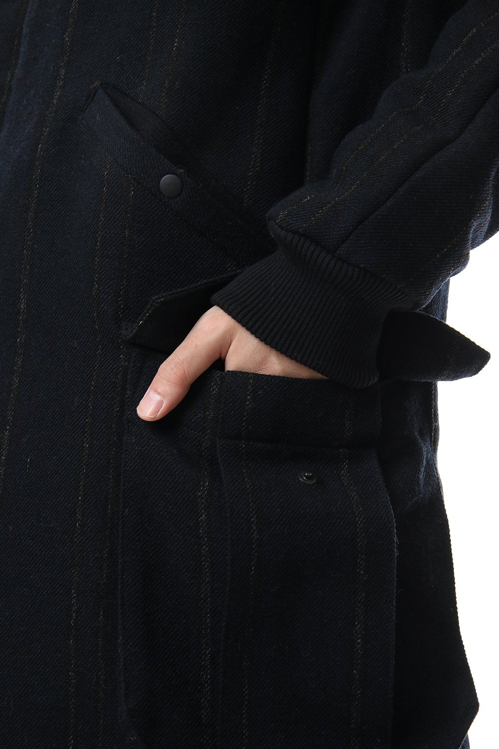 Shetland Wool Linen Stripe Batting Hood Coat Navy Black