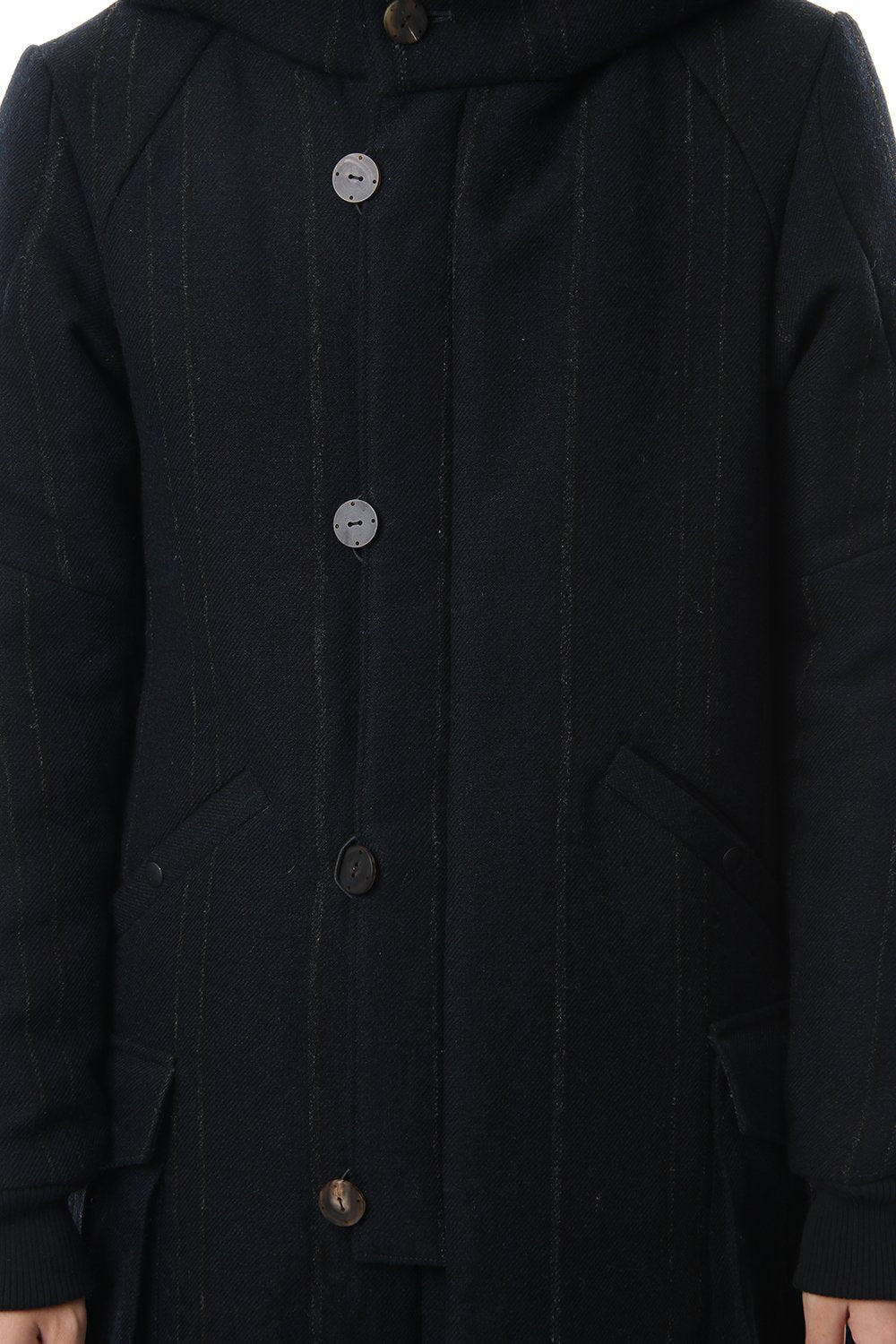 Shetland Wool Linen Stripe Batting Hood Coat Navy Black